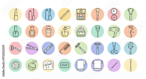 Beauty and personal care line icon set. Vector collection of cosmetics, makeup, and hygiene symbols. Lipstick, mascara, razor, soap, perfume, hair dryer. Outline pictogram pack.