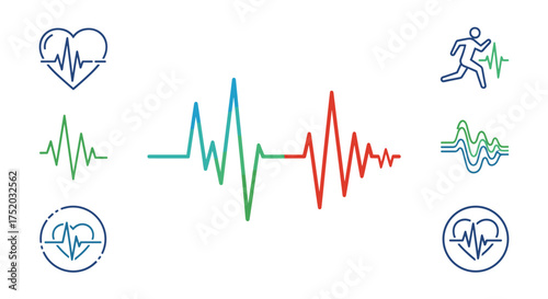 Heartbeat line and pulse vector icon set. Cardio EKG wave graph for medical health. Heart rate monitor. Fitness, running and exercise activity symbol. Cardiology care logo.