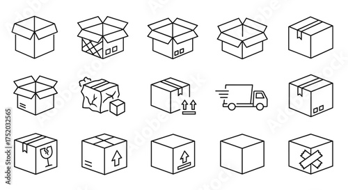 Logistics and shipping line icon set. Package delivery, transport truck, open and closed cardboard box. Fragile, handle with care, and damaged parcel vector symbols.