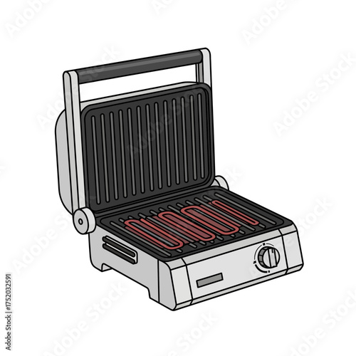 Open Electric Grill with Hot Coils and Food.