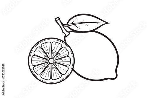 Line showing lemon and lemon slice, complete with leaf, on transparent background