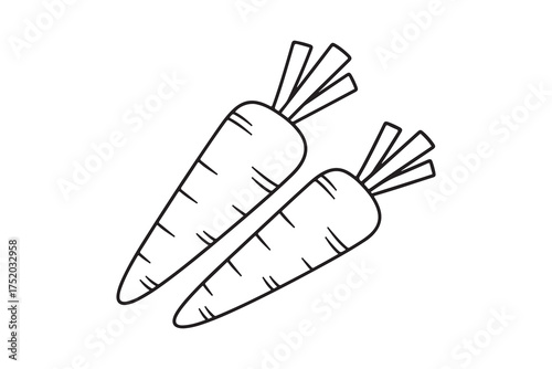 Two outlined carrots are diagonally positioned on a plain white background, awaiting vibrant color