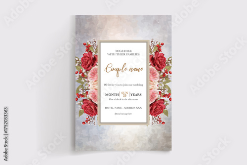 WEDDING INVITATION FRAME WITH FLOWER DECORATIONS AND FRESH LEAVES