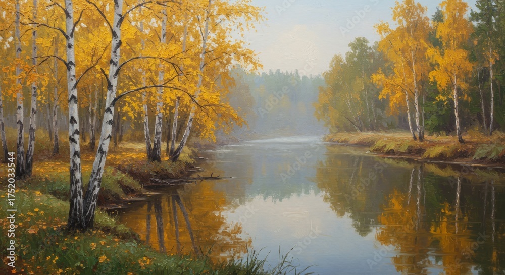 Fototapeta premium River flowing through autumn forest with birch trees. Picturesque landscape with vibrant fall foliage. Nature beauty concept.