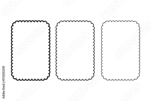Rectangular frames with scallop edges set. Rectangle frames with wavy edges. Silhouette rectangular text boxes, rectangular shapes with wiggly borders. Empty square scalloped frames