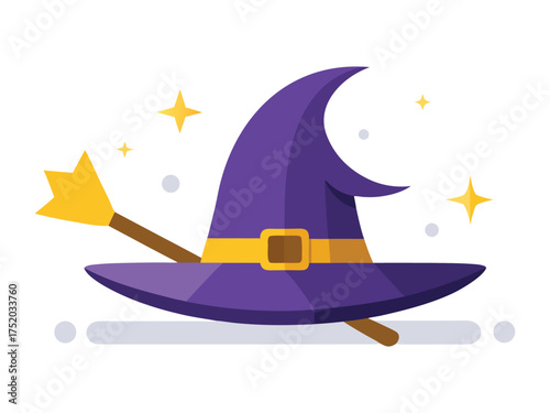 Vector art of a witch hat with a broom is displayed in the image
