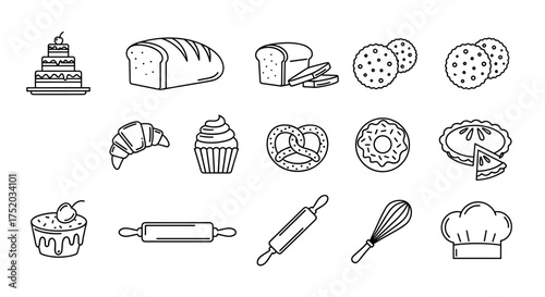 Bakery and pastry line icon set. Vector symbols for cooking and baking. Collection of dessert, bread, cake, croissant, donut, pie, cupcake, cookies, pretzel, and kitchen tools.