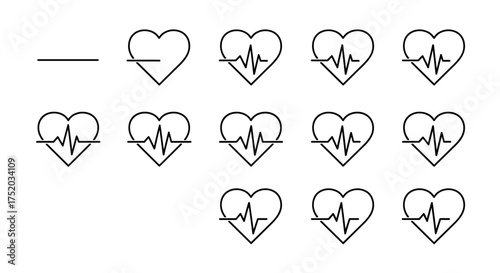 Heartbeat line icon set. Cardiogram pulse symbol in heart shape. Health, medicine, and cardiology concept. ECG EKG rhythm graph. Vector illustration for medical design.