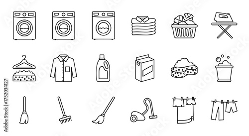 Laundry and cleaning service line icons set. Washing machine, detergent, ironing board, vacuum cleaner, mop and broom. Housework and housekeeping vector pictograms.