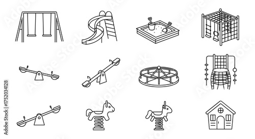Kids playground equipment icon set. Outdoor park recreation elements. Isometric line art vector graphic of swing, slide, sandbox, seesaw, carousel, jungle gym, playhouse.