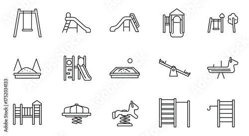 Playground equipment line icon set. Kids outdoor park elements. Swing, slide, sandbox, seesaw, carousel symbols. Children recreation and childhood activity vector icons.