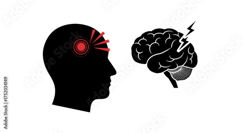 Headache pain concept. Migraine symptom. Human head silhouette with pain target. Brain with lightning bolt. Neurological disorder, neuralgia, stress, tension, mental health.