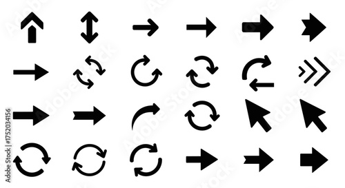 Big collection of black arrow icons. Set of different shape arrow symbols for web design, mobile app, and user interface. Vector pointers, cursors, refresh, and reload signs.