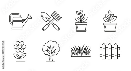 Garden icon set. Outline graphic symbols for gardening. Vector illustration of plant, flower, tree, grass, watering can, shovel, rake, fence. Hobby and farm concept.