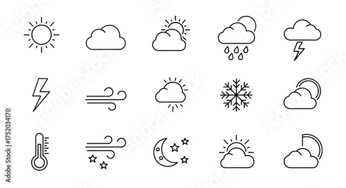 Weather forecast thin line icon set. Meteorology symbols. Sunny, cloudy, rainy, storm. Sun, cloud, rain, snow, wind, lightning, moon, stars. Temperature, climate vector icons.