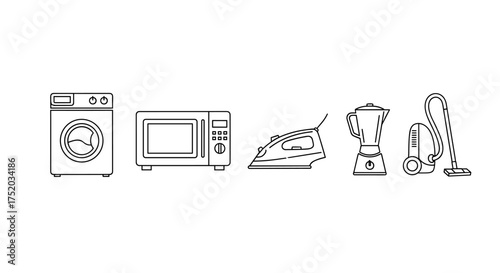 Household appliances vector line icon set. Washing machine, microwave oven, iron, blender, vacuum cleaner. Home, kitchen and cleaning equipment outline symbols collection.