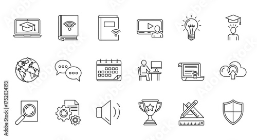 E-learning and online education editable stroke outline icons set. Distance learning, knowledge, graduation. School, university, webinar, tutorial, certificate, student symbols.