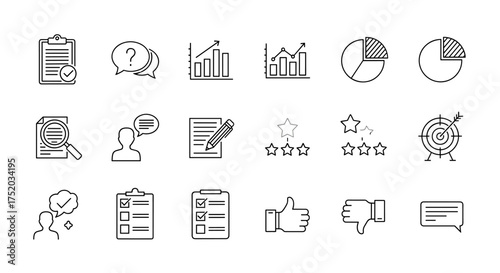 Set of survey and feedback line icons. Customer satisfaction review, data analytics graph, report and research concepts. Business communication, questionnaire, checklist and rating.