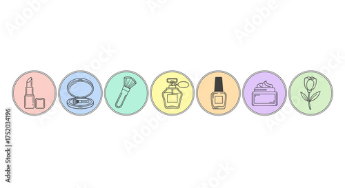 Cosmetics and makeup vector line icon set. Beauty products illustration. Lipstick, powder, brush, perfume, nail polish, cream. Minimalist symbols for beauty salon and store.