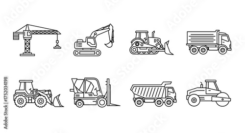 Heavy machinery line icon set. Construction equipment symbols. Vector of crane, excavator, bulldozer, dumper, loader, forklift, road roller. Industrial transport vehicles.