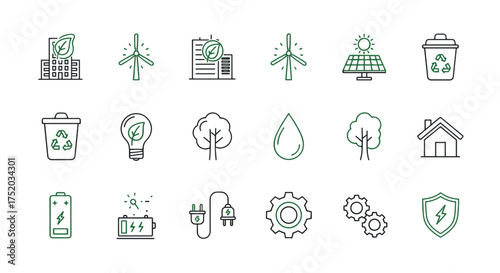 Green energy icon set. Ecology and environment line symbols. Sustainable technology, renewable resources, wind power, solar panel, recycling bin, eco house vector icons.