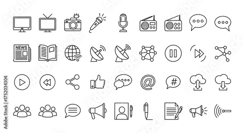 Media and communication thin line icon set. Social media, network, and technology symbols. Multimedia, interface, news, broadcast, and publishing vector collection.