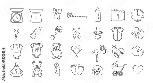 Large set of baby line icons. Newborn, pregnancy, childbirth vector symbols. Childcare, maternity, parenthood. Stork, teddy bear, bottle, pacifier, rattle, stroller, footprints.
