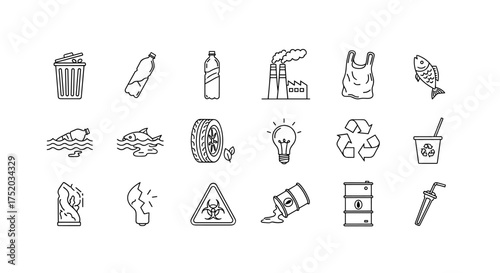 Pollution line icon set. Plastic waste, water contamination, air pollution from factory. Environmental damage, global warming, toxic waste, recycling vector symbols collection.