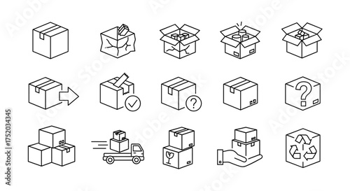 Shipping delivery package line icon set. Isometric vector illustration of cardboard boxes for logistics, e-commerce and mail service. Contains delivery truck, tracking, fragile and recycling.