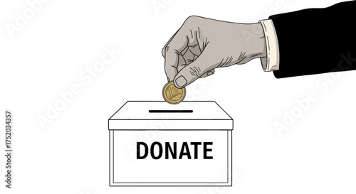 Man's hand putting an investment coin in a donation box. Concept of charity, giving, fundraising and help. Philanthropy and social support vector illustration for a good cause.