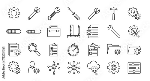 Configuration and settings line icon collection. Vector symbols for setup, management, repair, options. Includes gear, tool, wrench, folder, user, progress icons for UI design, development.