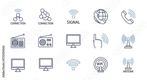 Communication line icon set. Vector symbols for technology, network, and connection. Includes wifi, radio, antenna, phone, and computer monitor for web and mobile UI design.