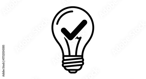 Good idea concept with light bulb and check mark. Creative solution and innovation symbol. Approved project or validated startup idea. Success and correct choice icon.