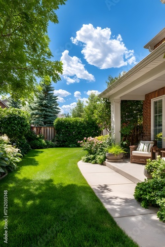 Pristine suburban backyard on a sunny day, featuring a manicured green lawn, concrete patio by a brick house, and a privacy hedge and fence.