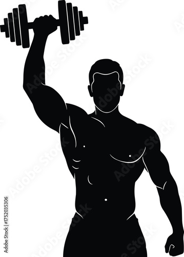 Muscular man lifting dumbbell, strength training silhouette, bodybuilding pose vector, fitness workout illustration, gym exercise form, flat vector illustration
