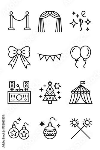 Collection of festive celebration icons featuring party decorations and event elements