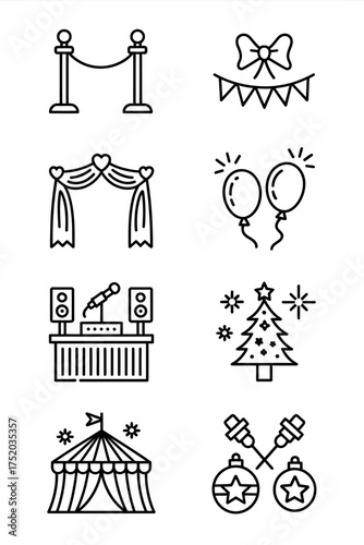 Collection of festive celebration and event line art icons for design projects