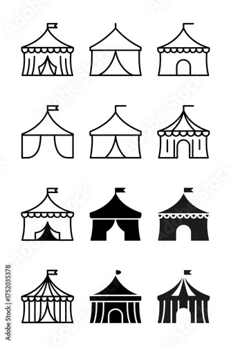 Collection of minimalist black and white circus tent designs for various uses