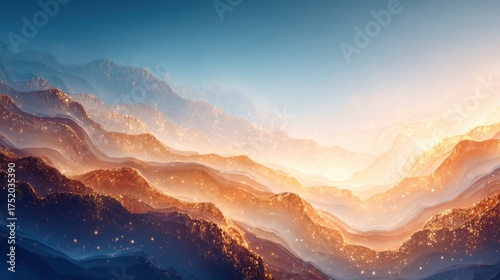 Soft waves of mountains blend with golden and blue hues at dawn, creating a peaceful atmosphere filled with light and tranquility.