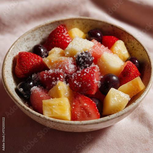 Colorful bowl of mixed fresh fruits with sugar sprinkled on top