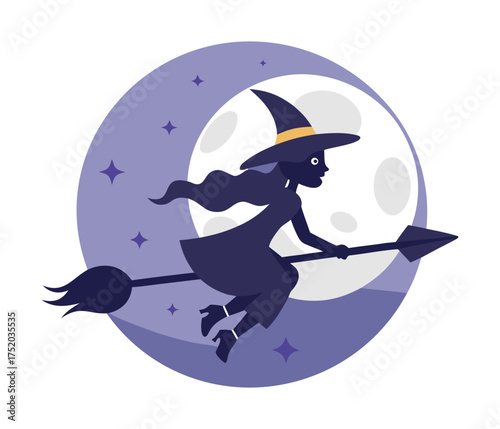Vector art of a witch flying on a broomstick in front of the moon in a halloween illustration