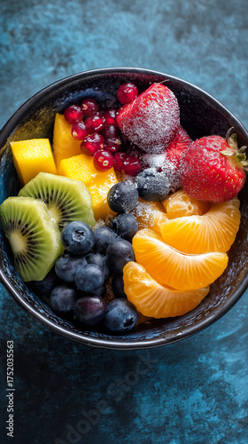 Colorful bowl of mixed fresh fruits with sugar sprinkled on top