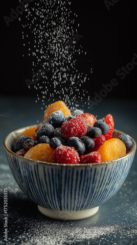 Colorful bowl of mixed fresh fruits with sugar sprinkled on top