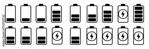Minimalist battery level icons set with charging indicator for user interface design