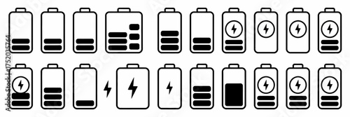 Set of 20 minimalist battery icons showing power levels and charging status