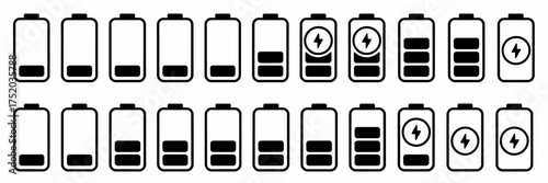 Set of 20 minimalist battery icons showing various charge levels and charging status