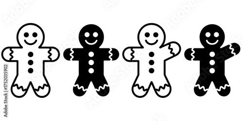 Set of four black and white gingerbread cookies showing contrast and design patterns
