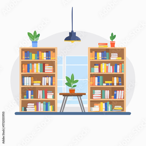 Cozy Interior with Wooden Bookshelves Blue Books and Potted Plants Near a Window with Natural Light in a Room with Neutral Walls and Beige Carpet