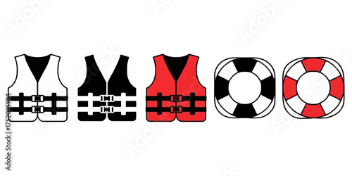 Set of safety equipment icons featuring life jackets and life rings for water safety