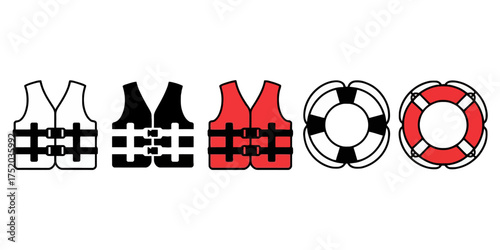 Collection of safety equipment icons life vests and life buoys for water safety